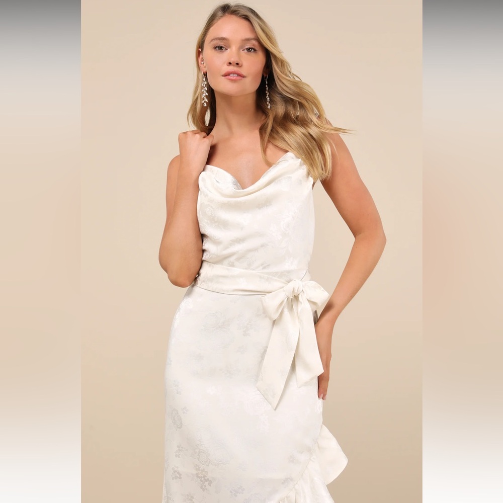 Lulu's Modern Passion Ivory Floral Satin Jacquard Ruffled Midi Dress - Picture 2 of 10
